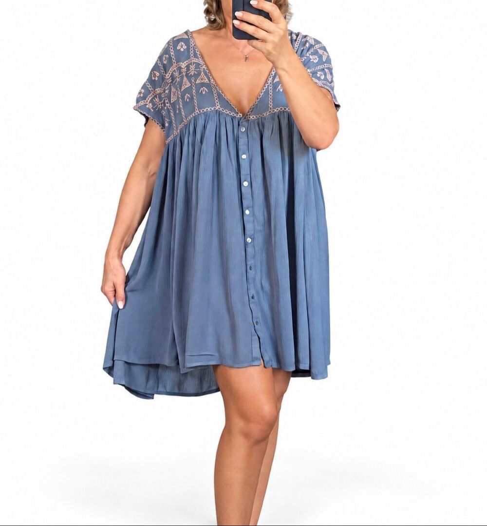 Natural Life Blue Embroidered Boho Babydoll Dress Size M